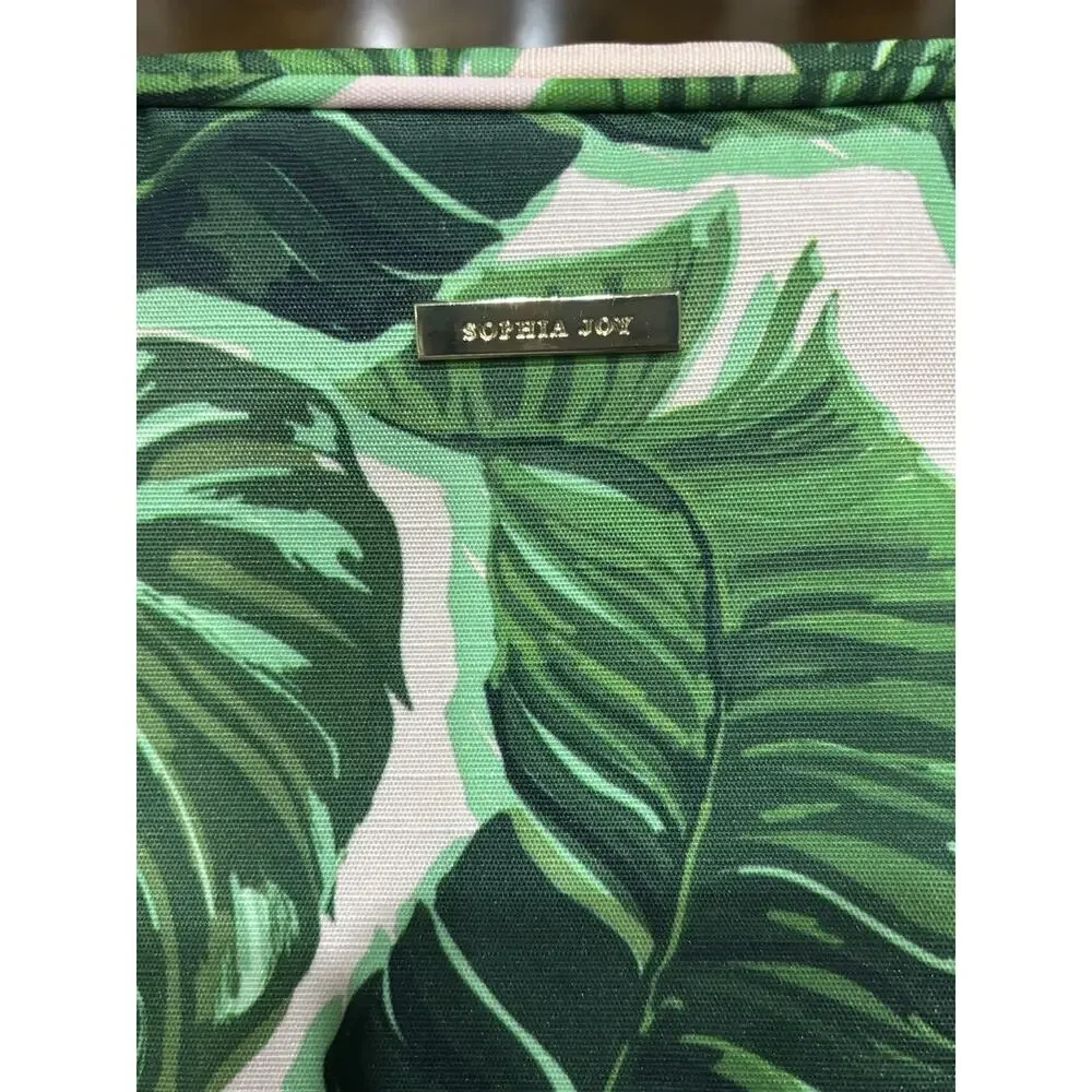 Sophia Joy Fabric Tropical Leaf Print Double Zip Makeup Bag, Green/Pink